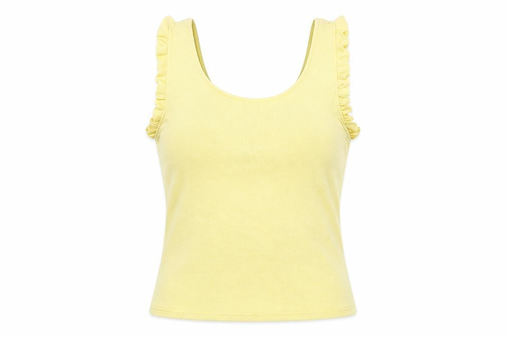 Front view of Mango women’s yellow polyester basic tank, size M, scoop neck - ruffle detail