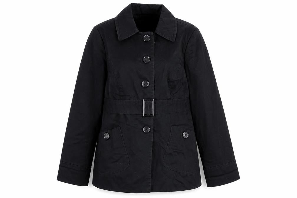 Front view of Marks & Spencer women’s black overcoat coat, size UK 12, button