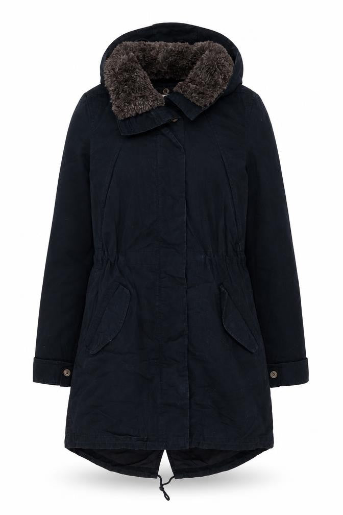 Front view of H&M women’s blue parka coat, size UK 10, zip