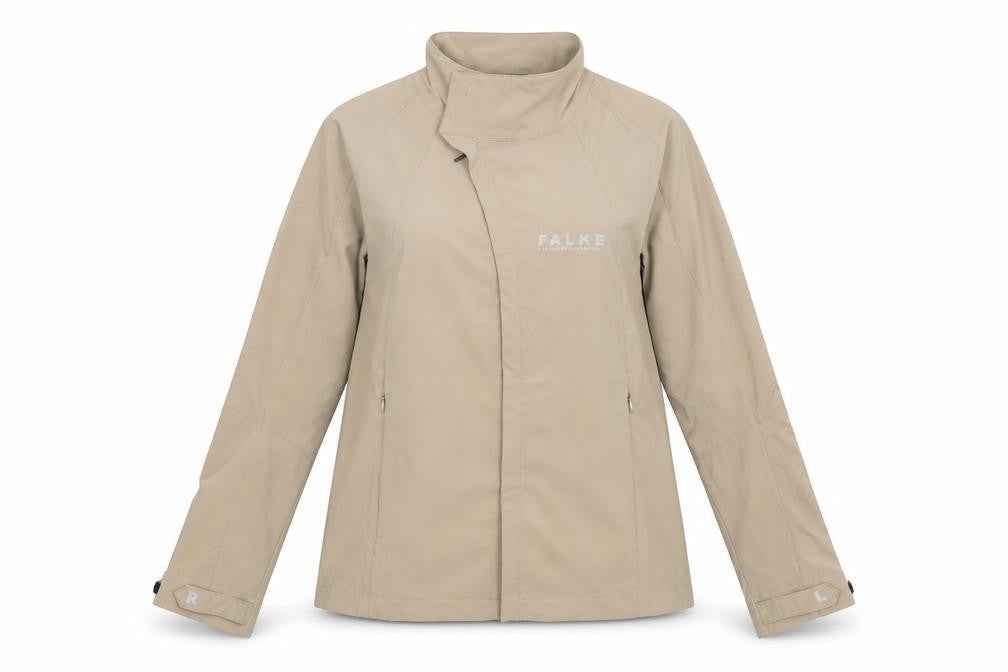 Front view of Falke women’s beige windbreaker jacket, size S, zip
