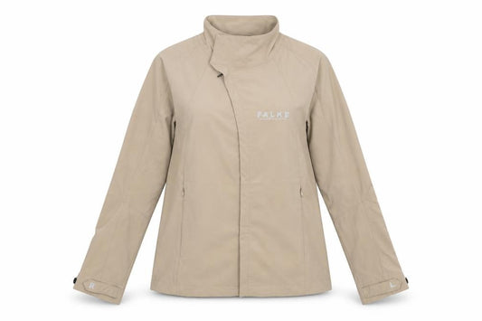 Front view of Falke women’s beige windbreaker jacket, size S, zip