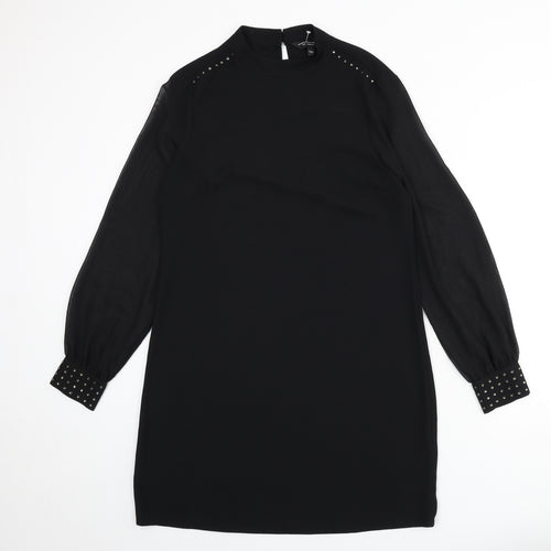 Dorothy Perkins Womens Black Polyester A-Line Size 10 Round Neck Button - Beaded Detail