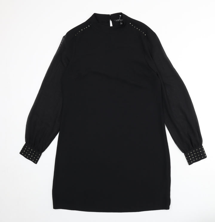 Dorothy Perkins Womens Black Polyester A-Line Size 10 Round Neck Button - Beaded Detail