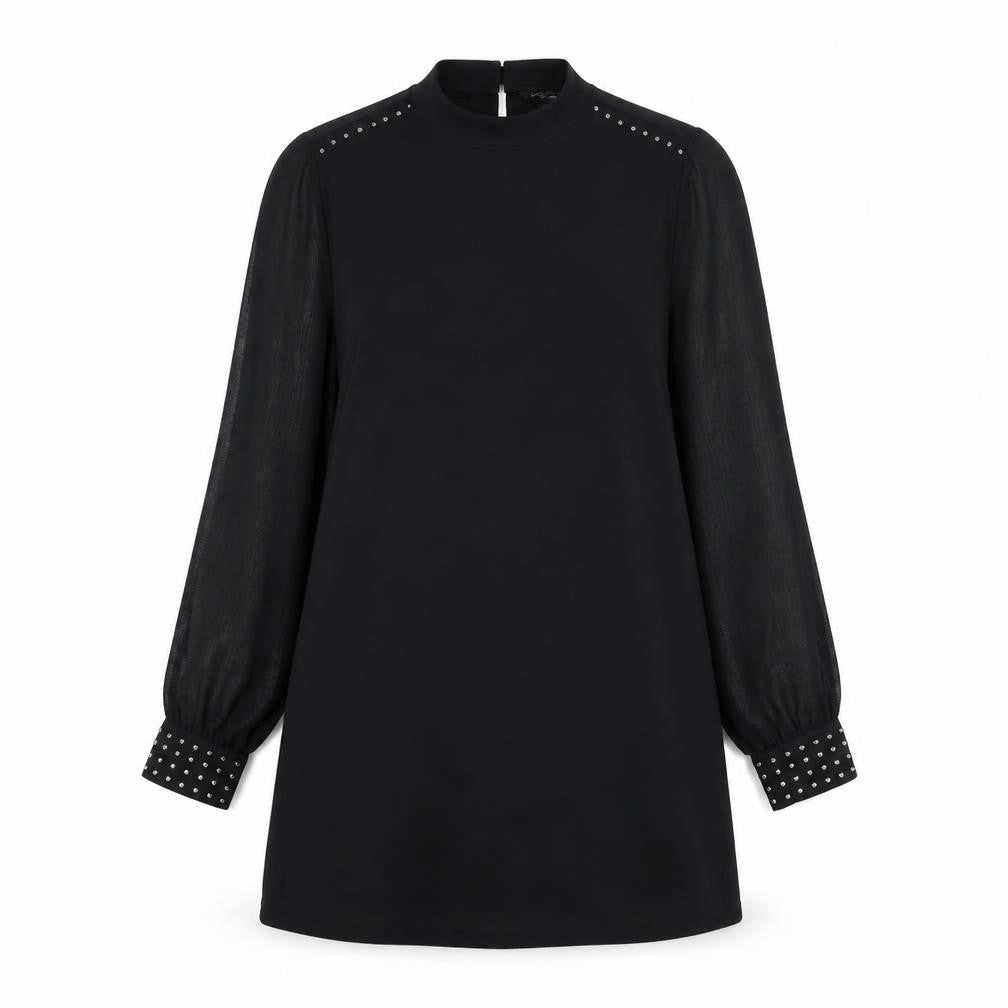 Dorothy Perkins Womens Black Polyester A-Line Size 10 Round Neck Button - Beaded Detail