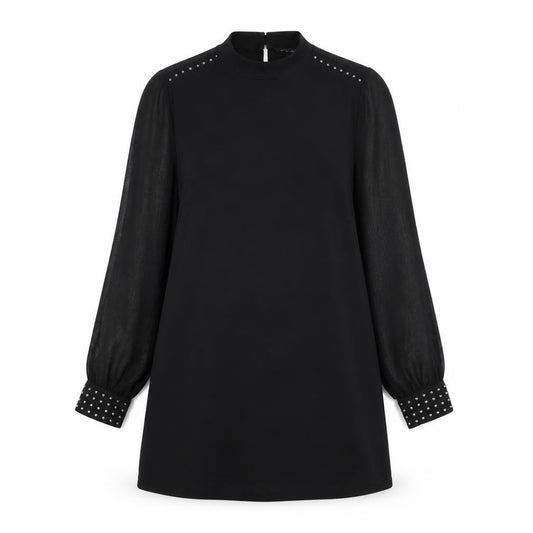 Front view of Dorothy Perkins women’s black polyester a-line, size UK 10, round neck button - beaded detail