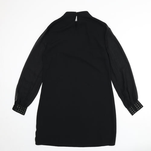 Dorothy Perkins Womens Black Polyester A-Line Size 10 Round Neck Button - Beaded Detail