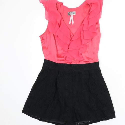 Lipsy Womens Pink Polyester Romper One-Piece Size 10 Zip - Ruffle Detail, Lace Detail