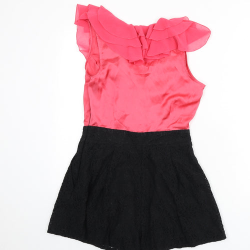 Lipsy Womens Pink Polyester Romper One-Piece Size 10 Zip - Ruffle Detail, Lace Detail