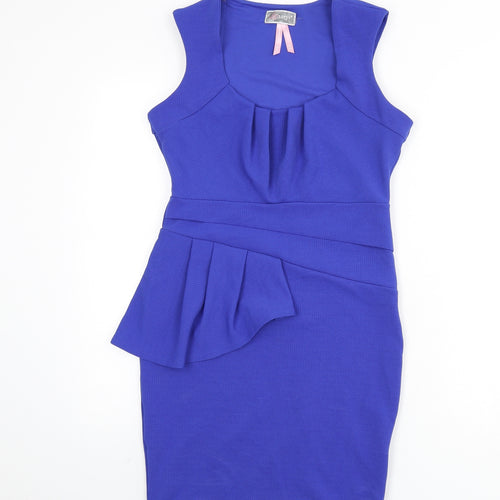 Lipsy Womens Blue Polyester Pencil Dress Size 10 Scoop Neck Pullover - Ruffle Detail