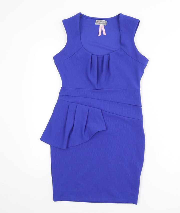 Lipsy Womens Blue Polyester Pencil Dress Size 10 Scoop Neck Pullover - Ruffle Detail