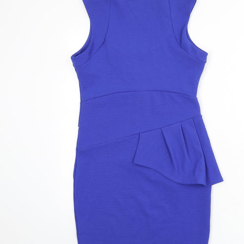 Lipsy Womens Blue Polyester Pencil Dress Size 10 Scoop Neck Pullover - Ruffle Detail