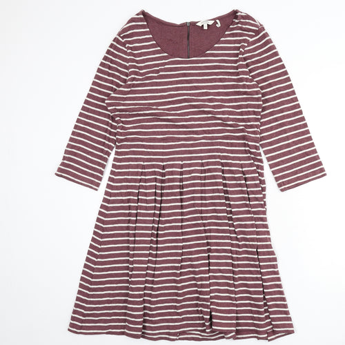 Fat Face Womens Purple Striped 100% Cotton Skater Dress Size 14 Round Neck Zip