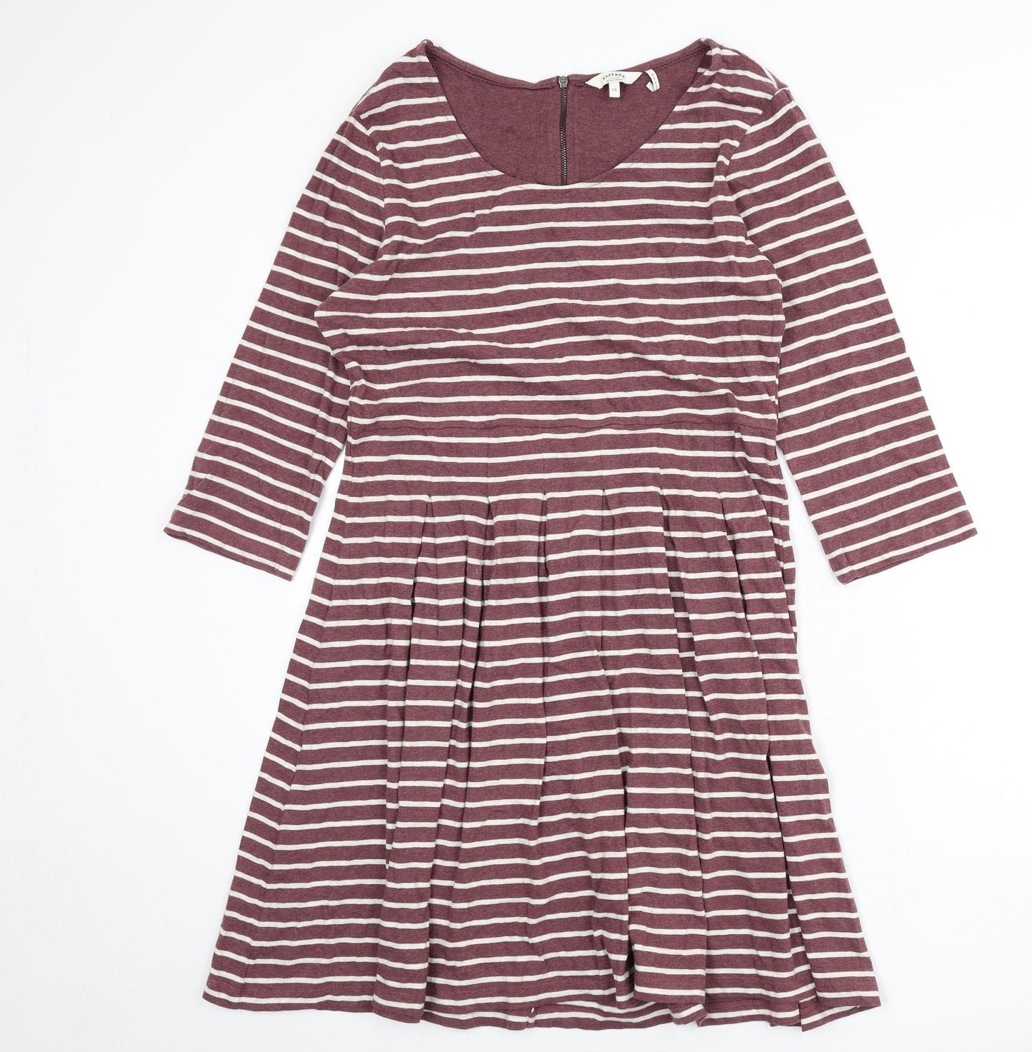 Fat Face Womens Purple Striped 100% Cotton Skater Dress Size 14 Round Neck Zip