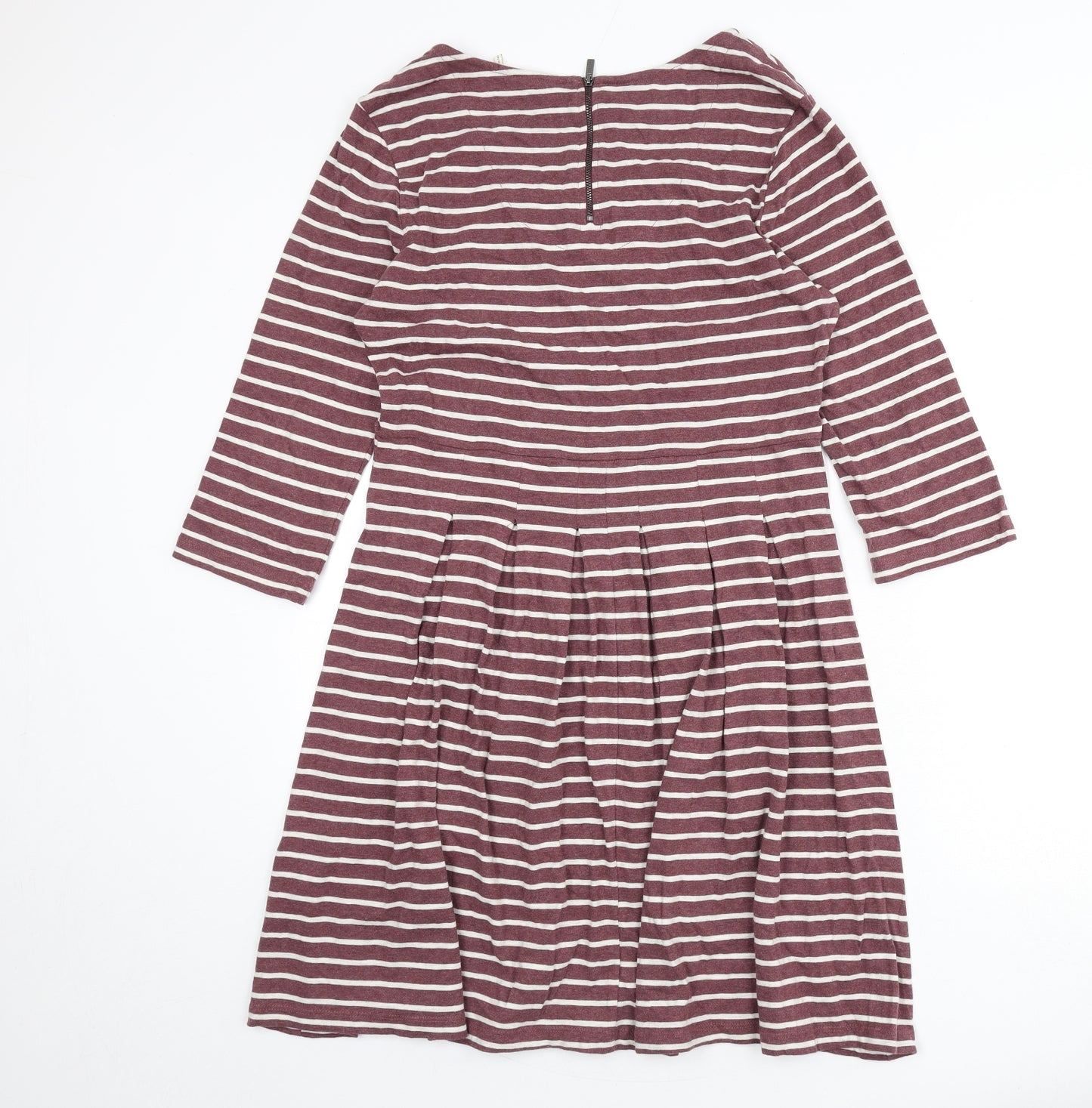 Fat Face Womens Purple Striped 100% Cotton Skater Dress Size 14 Round Neck Zip