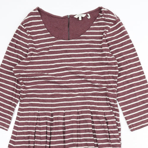 Fat Face Womens Purple Striped 100% Cotton Skater Dress Size 14 Round Neck Zip