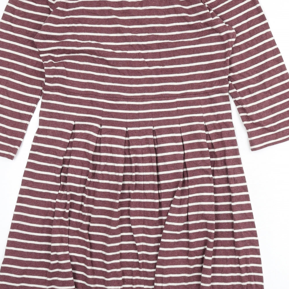 Fat Face Womens Purple Striped 100% Cotton Skater Dress Size 14 Round Neck Zip