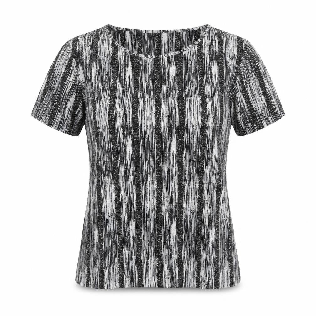Front view of Reflections women’s multicoloured geometric polyester basic t-shirt, size S, round neck