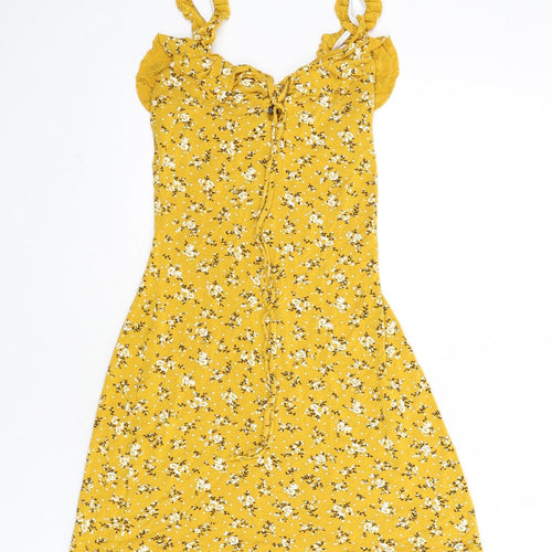 PRETTYLITTLETHING Womens Yellow Floral Viscose A-Line Size 4 V-Neck Lace Up