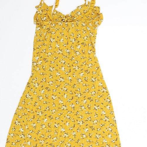 PRETTYLITTLETHING Womens Yellow Floral Viscose A-Line Size 4 V-Neck Lace Up