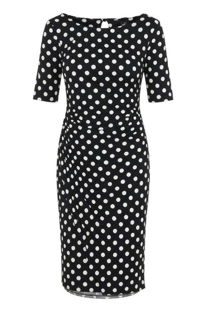 Front view of Next women’s black polka dot polyester pencil dress, size UK 8, boat neck button