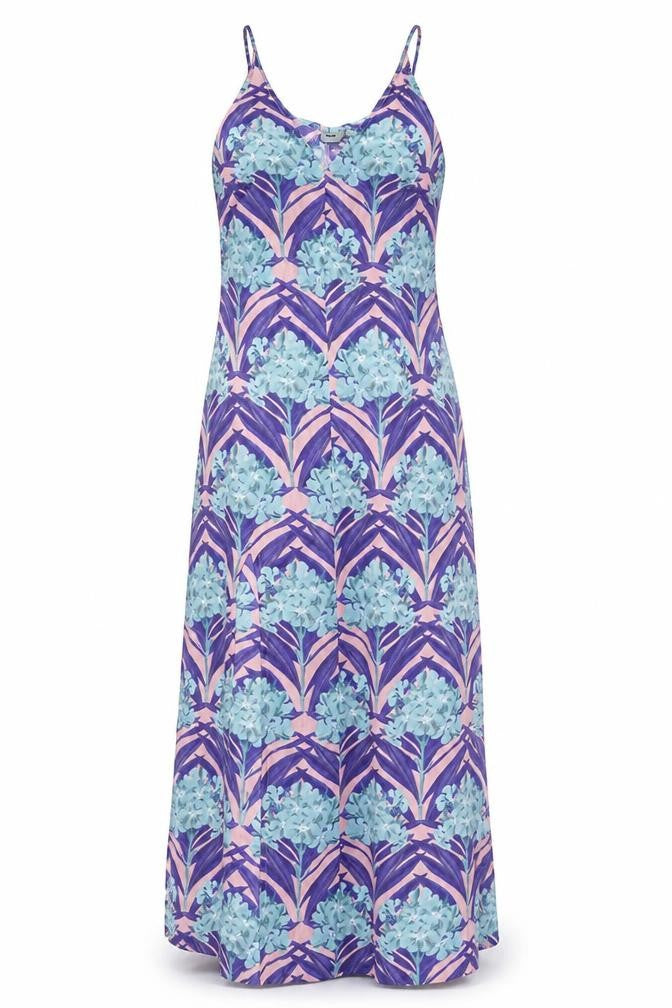 Front view of ASOS women’s multicoloured geometric polyester slip dress, size UK 8, v-neck pullover - maxi, slit