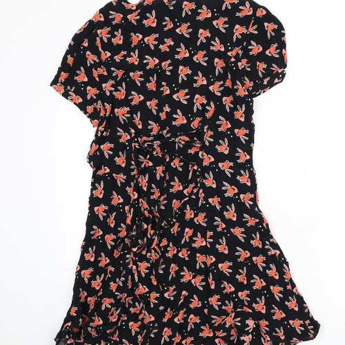 Henry Holland Womens Black Geometric Viscose A-Line Size 12 Collared Zip - Goldfish Print, Lace Up Back