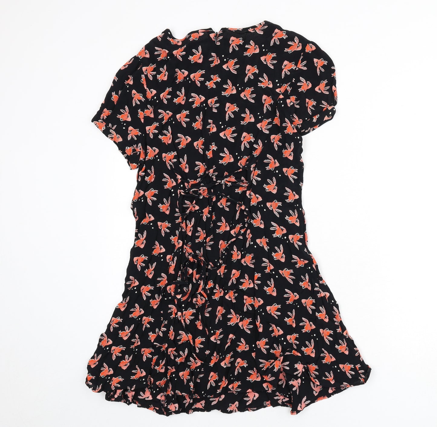 Henry Holland Womens Black Geometric Viscose A-Line Size 12 Collared Zip - Goldfish Print, Lace Up Back