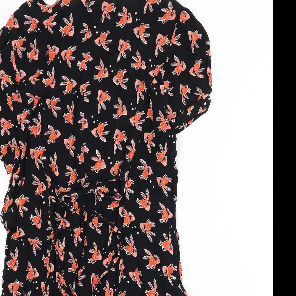 Henry Holland Womens Black Geometric Viscose A-Line Size 12 Collared Zip - Goldfish Print, Lace Up Back