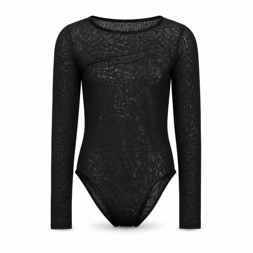 Front view of New Look women’s black nylon bodysuit one-piece, size UK 10, snap