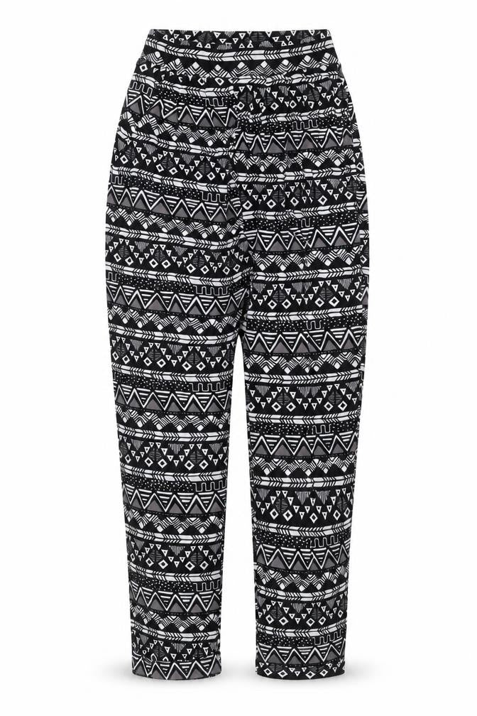 Front view of ASOS women’s multicoloured geometric viscose trousers, size UK 6, 23-inch leg regular