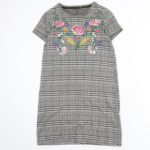 Zara Womens Multicoloured Plaid Polyester Sheath Size S Round Neck Pullover - Floral Embroidery, Sequins, Houndstooth