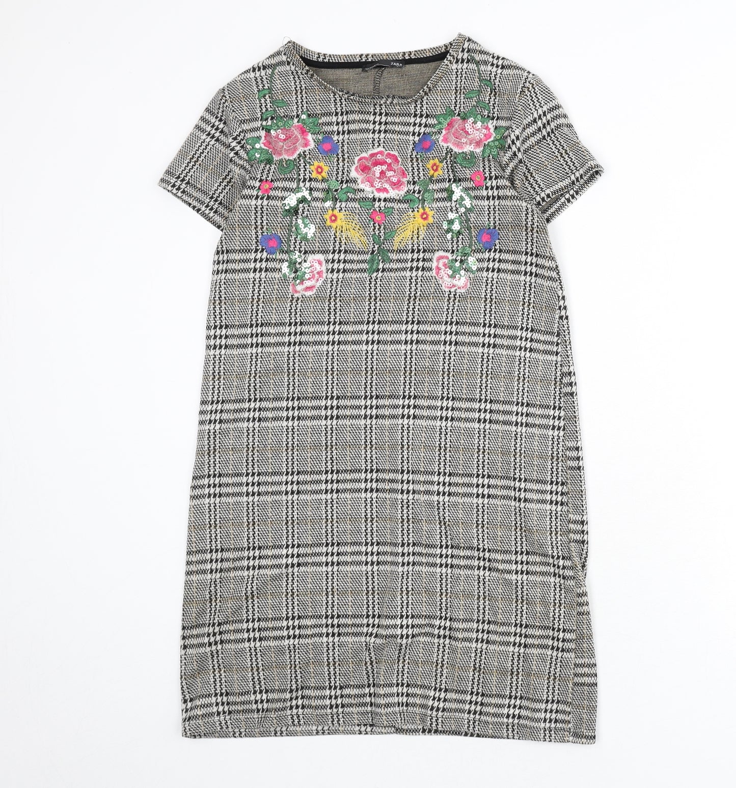 Zara Womens Multicoloured Plaid Polyester Sheath Size S Round Neck Pullover - Floral Embroidery, Sequins, Houndstooth