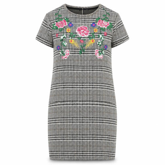 Front view of Zara women’s multicoloured plaid polyester sheath, round neck pullover - floral embroidery, sequins