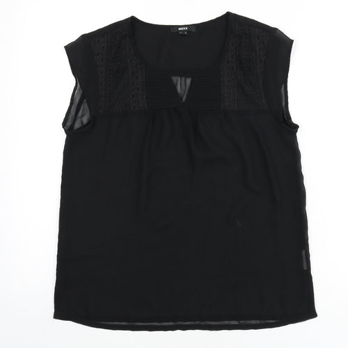 Mexx Womens Black Polyester Basic Blouse Size 10 Round Neck - Embroidered Detail, Keyhole Cutout