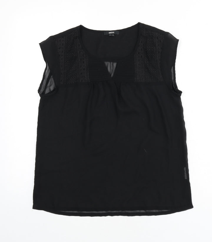 Mexx Womens Black Polyester Basic Blouse Size 10 Round Neck - Embroidered Detail, Keyhole Cutout