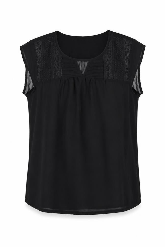 Front view of Mexx women’s black polyester basic blouse, size UK 10, round neck - embroidered detail, keyhole cutout