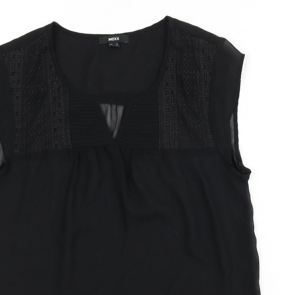 Mexx Womens Black Polyester Basic Blouse Size 10 Round Neck - Embroidered Detail, Keyhole Cutout
