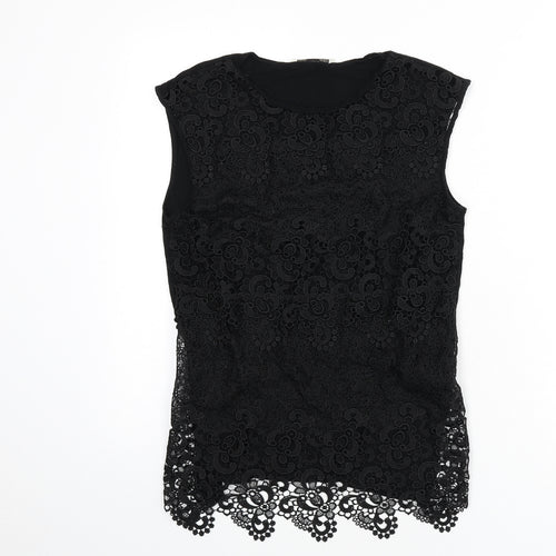 Oasis Womens Black Geometric Polyester Basic Tank Size S Round Neck - Lace Overlay