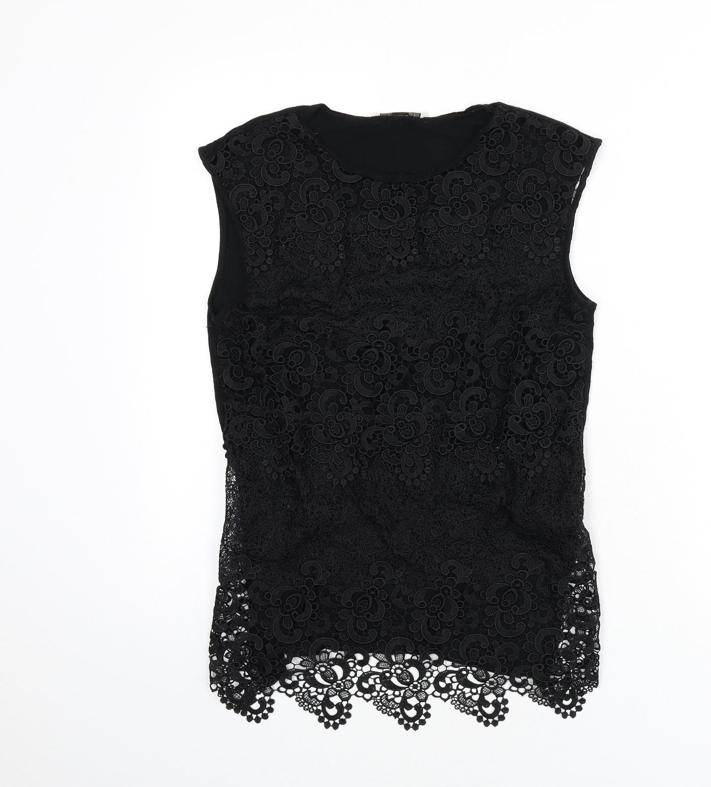 Oasis Womens Black Geometric Polyester Basic Tank Size S Round Neck - Lace Overlay