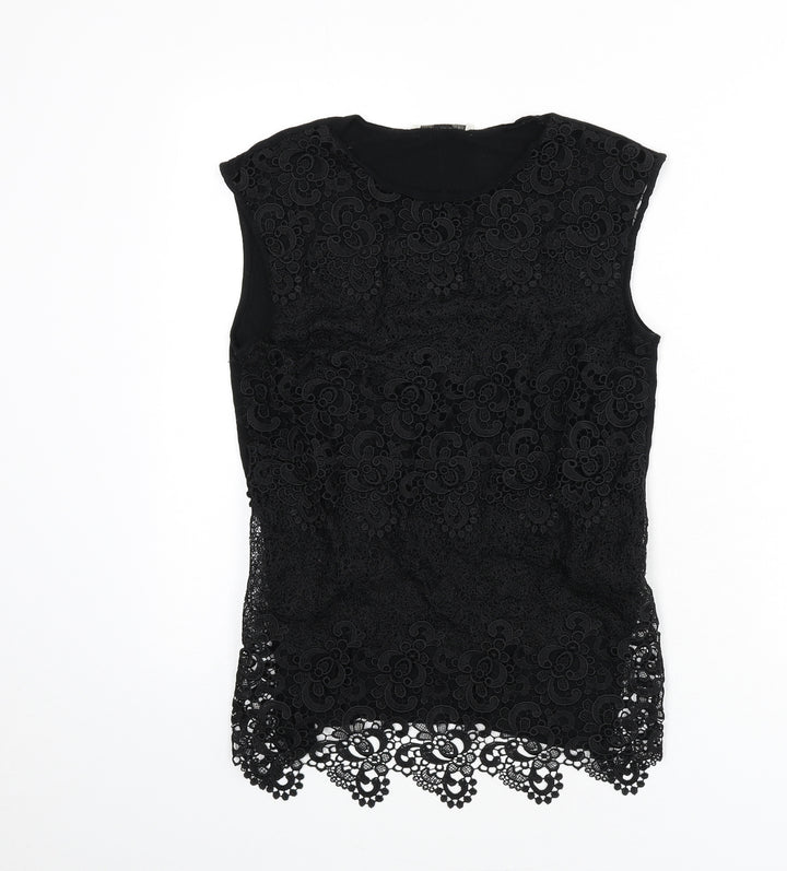 Oasis Womens Black Geometric Polyester Basic Tank Size S Round Neck - Lace Overlay