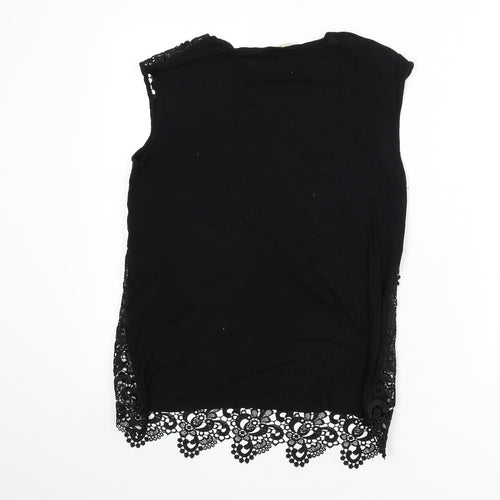 Oasis Womens Black Geometric Polyester Basic Tank Size S Round Neck - Lace Overlay