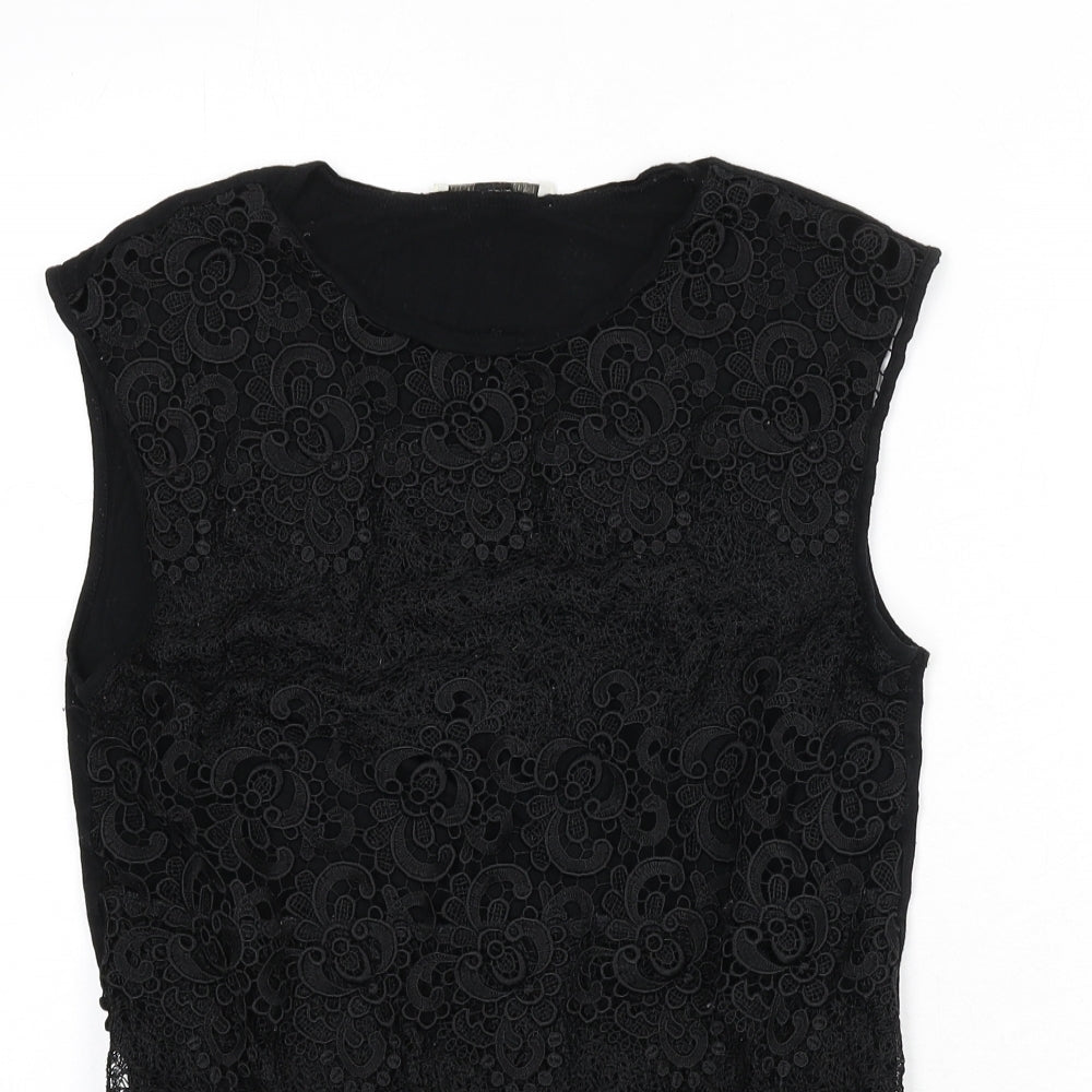 Oasis Womens Black Geometric Polyester Basic Tank Size S Round Neck - Lace Overlay