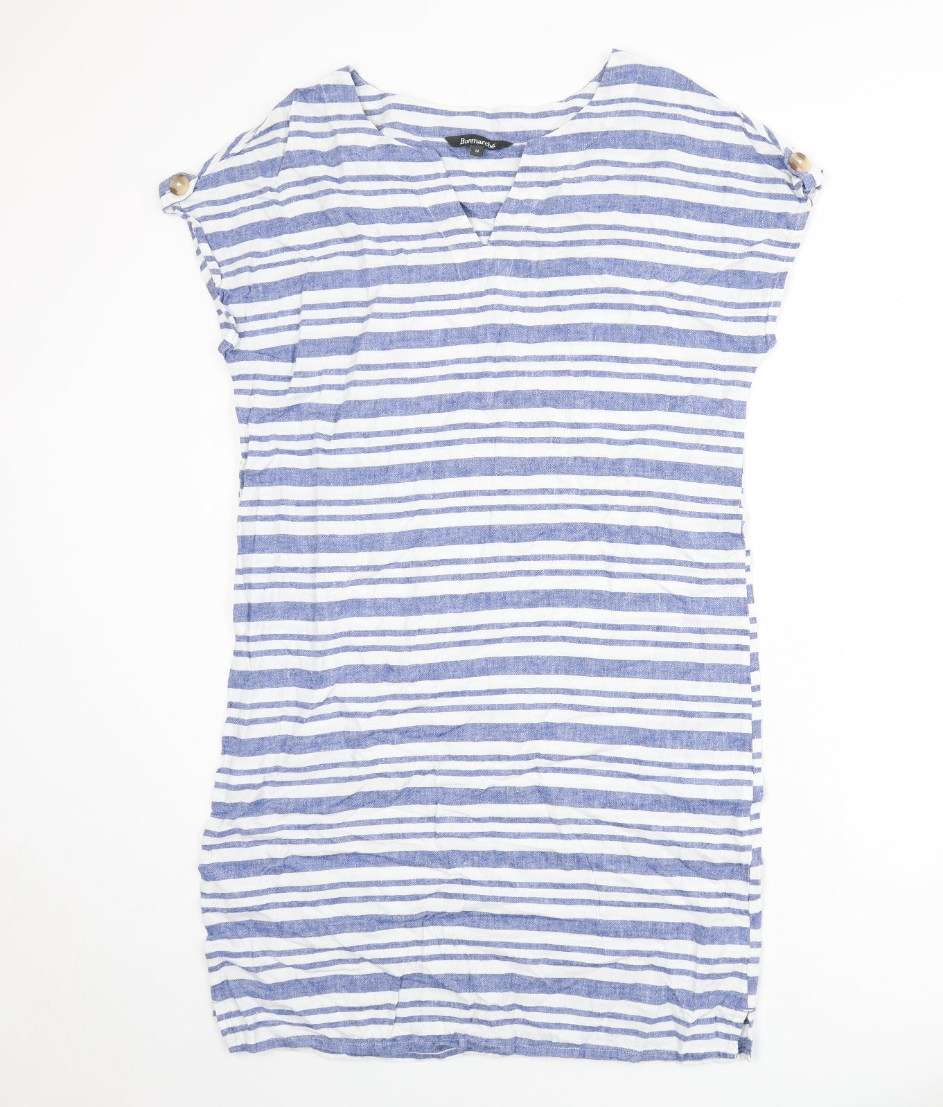 Bonmarché Womens Blue Striped Linen Sheath Size 12 V-Neck Pullover