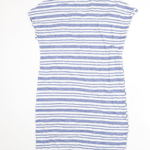 Bonmarché Womens Blue Striped Linen Sheath Size 12 V-Neck Pullover