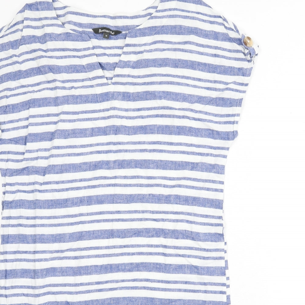 Bonmarché Womens Blue Striped Linen Sheath Size 12 V-Neck Pullover