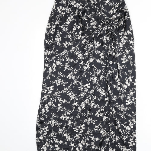 Zara Womens Black Floral Polyester A-Line Skirt Size S Zip - Knot Front, Slit