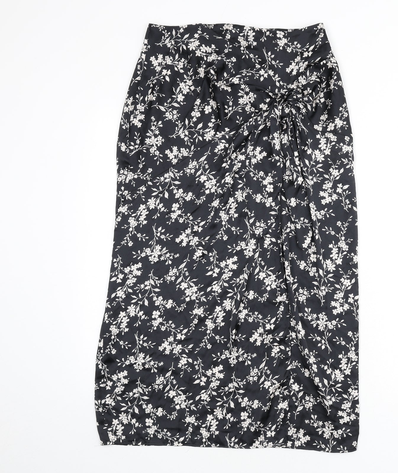 Zara Womens Black Floral Polyester A-Line Skirt Size S Zip - Knot Front, Slit
