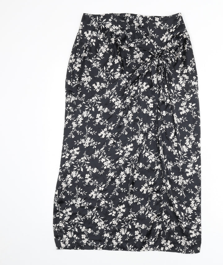 Zara Womens Black Floral Polyester A-Line Skirt Size S Zip - Knot Front, Slit