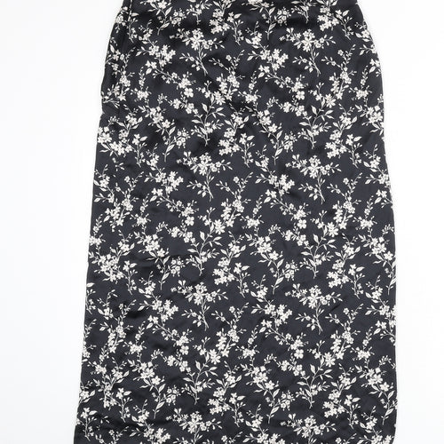 Zara Womens Black Floral Polyester A-Line Skirt Size S Zip - Knot Front, Slit