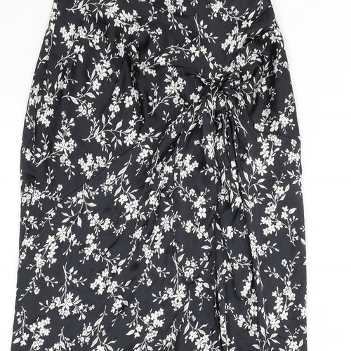 Zara Womens Black Floral Polyester A-Line Skirt Size S Zip - Knot Front, Slit
